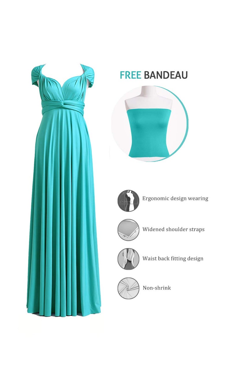 72styles Women's V Neck Elegant Long Off Shoulder Bridesmaid Convertible Dress Vintage Evening Party Wrap Infinity Dress with Bandeau Turquoise - Image 2